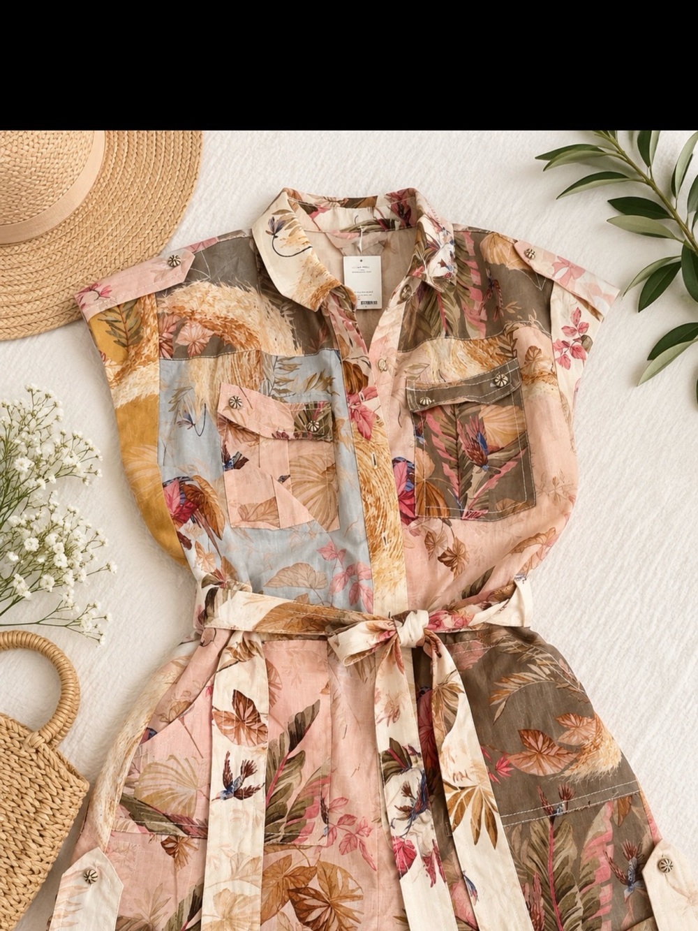 Zimmermann Pink Multi Floral Patchwork Belted Midi Dress